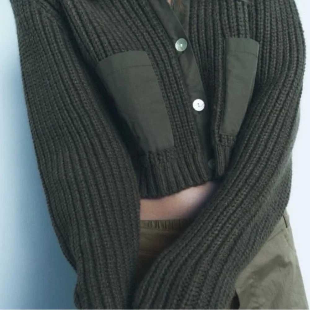 NWT Zara Green Knit Cardigan Cropped Style Zara combination nit cardigan with p - Picture 15 of 16
